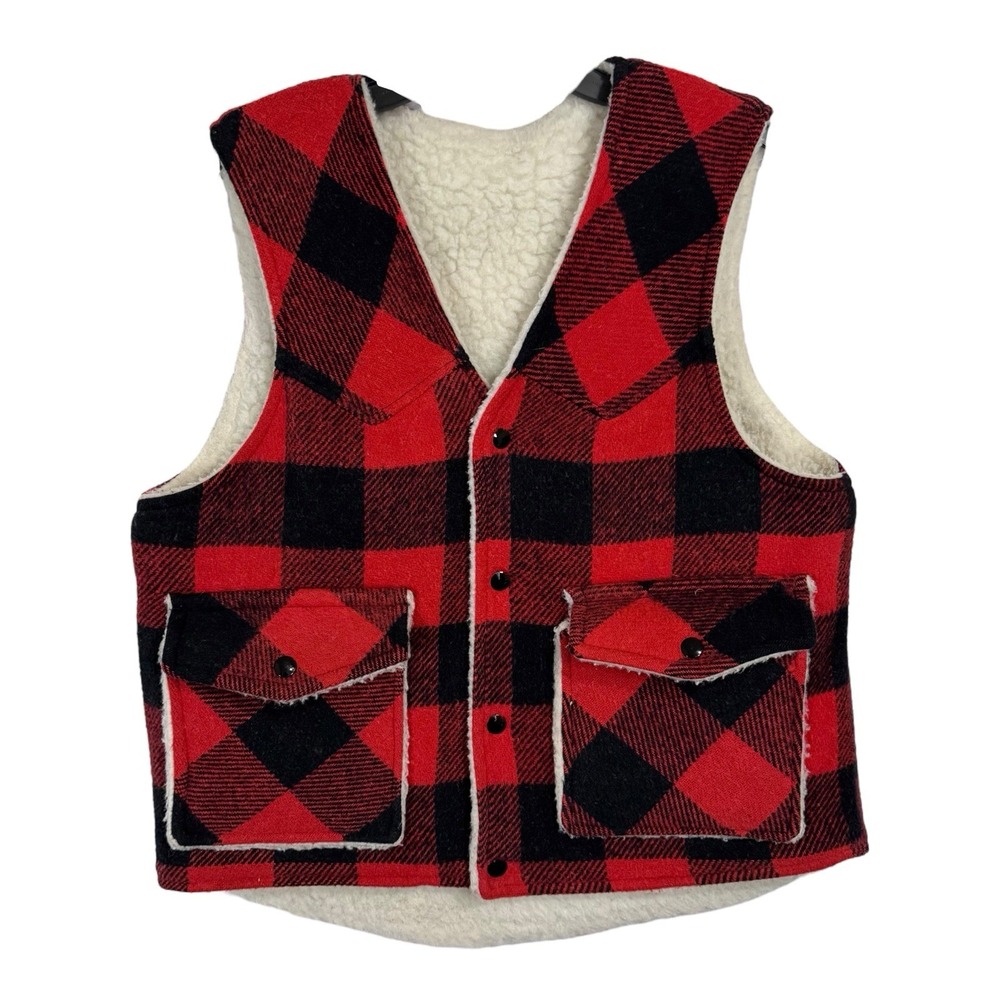 Vintage‎ Weatherguard Red Buffalo Plaid Wool Blend Sherpa Lined Vest Size M USA